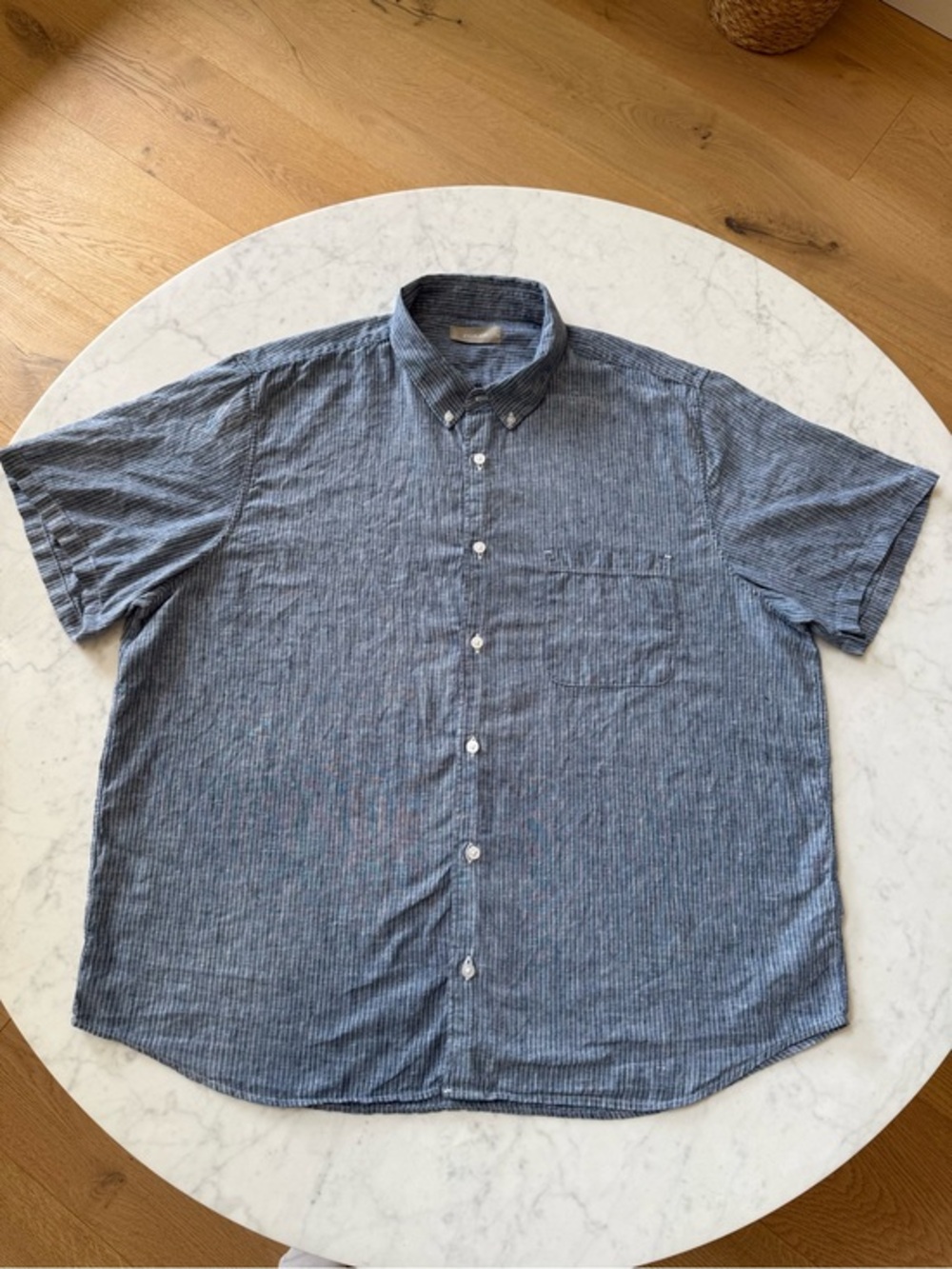 Everlane Mens XXL 100% Linen Blue Stripe Short Sleeve Button Down